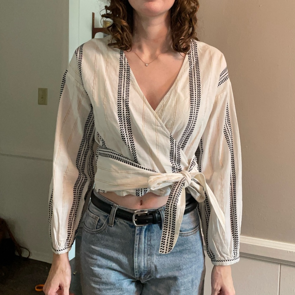 Black White and Gold Wrap Front Blouse